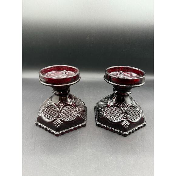 Vintage Avon Cape Cod Ruby Red Candle Holders–Pressed Glass - Set of 2 - Picture 2 of 8